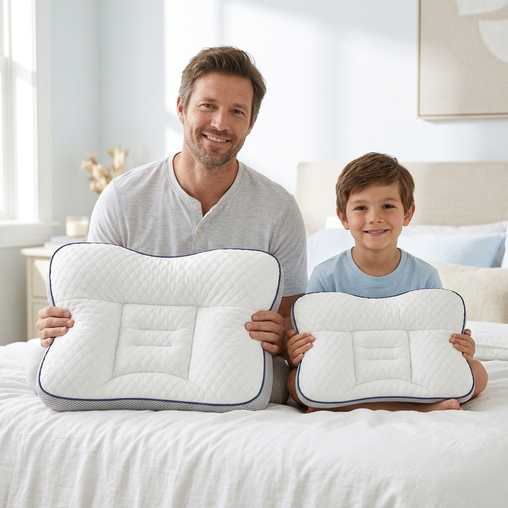 Dad and son with their Rovae Posture Pillows